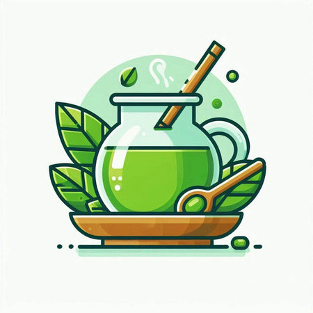 Green tea flat icon. Vector illustration of green tea in glass jar with spoon and leaves.のイラスト素材