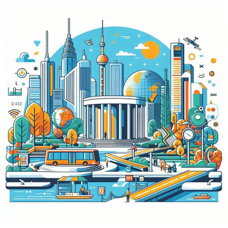 Cityscape with modern buildings and skyscrapers. Vector illustration.のイラスト素材