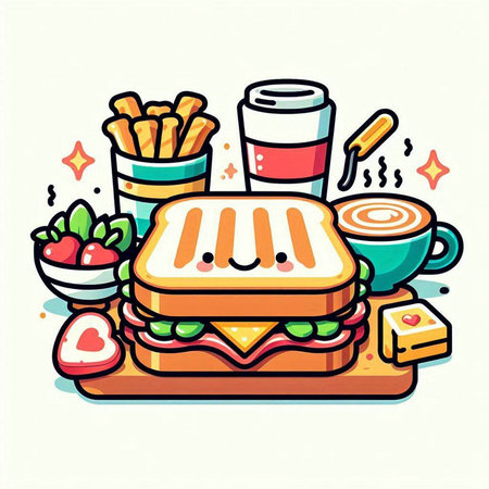 Fast food vector illustration in doodle style. Hamburger, cheeseburger, french fries and coffee.のイラスト素材