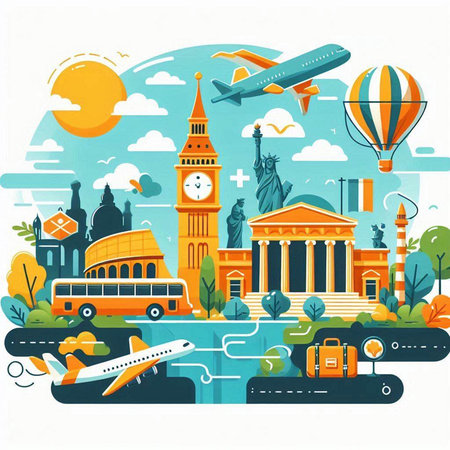 Travel and tourism background with famous landmarks of the world. Vector illustrationのイラスト素材