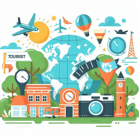 Flat design vector illustration concept of travel around the world with icons and elements.のイラスト素材