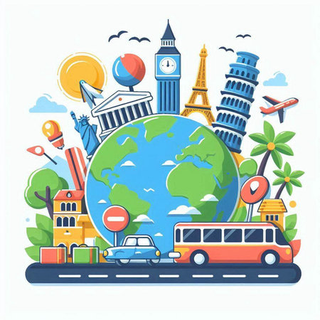 Travel around the world. Traveling around the world concept. Vector illustrationのイラスト素材