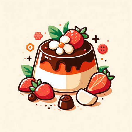Chocolate pudding with strawberries and mint. Vector illustration in cartoon style.のイラスト素材