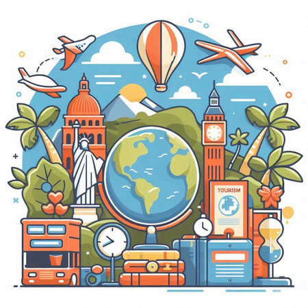 Travel around the world concept. Vector illustration in line art style.のイラスト素材