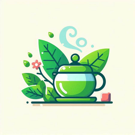 Green tea icon with leaves and teapot. Vector illustration.のイラスト素材