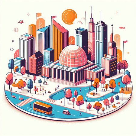 Vector isometric illustration of a city with buildings, roads and peopleのイラスト素材