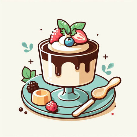 Vector illustration of a chocolate pudding with strawberries, blueberries and mintのイラスト素材