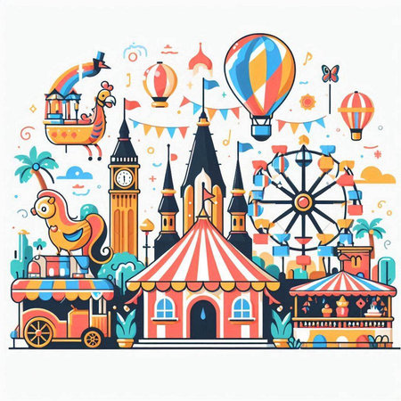 Amusement park, amusement park. Colorful cartoon vector illustration.のイラスト素材