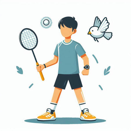 Boy playing badminton. Flat vector illustration isolated on white background.のイラスト素材