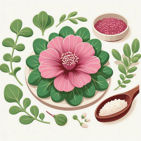 Flower, leaves and seeds in a bowl. Vector illustration.のイラスト素材