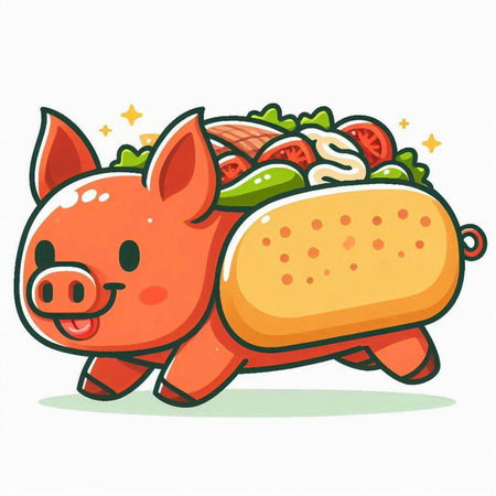 Vector illustration of a cute cartoon pig holding a hot dog in its mouth.のイラスト素材
