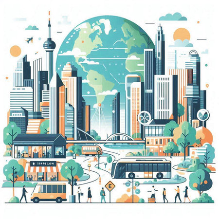 City life. Urban landscape with buildings, roads and people. Vector illustrationのイラスト素材