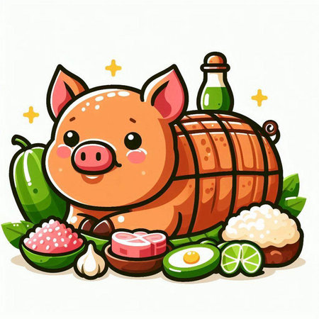 Illustration of a Cute Pig Eating Sausage and Vegetablesのイラスト素材