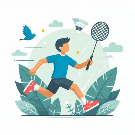 Badminton player flat vector illustration. Man playing badminton.のイラスト素材