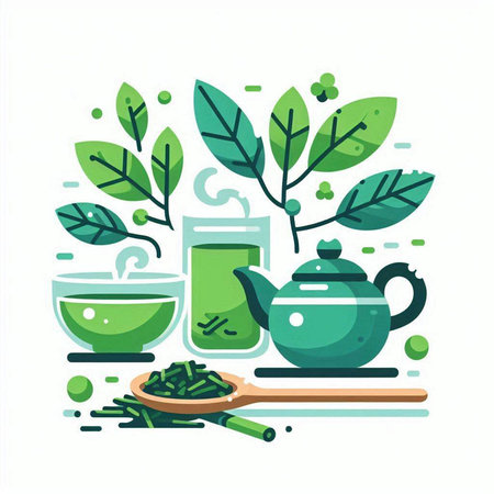 Green tea concept. Vector flat illustration with tea leaves, teapot, bowl and spoon.のイラスト素材