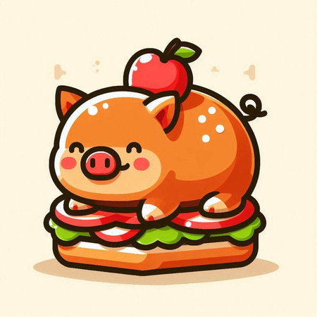Cute cartoon pig with apple and hamburger. Vector illustration.のイラスト素材
