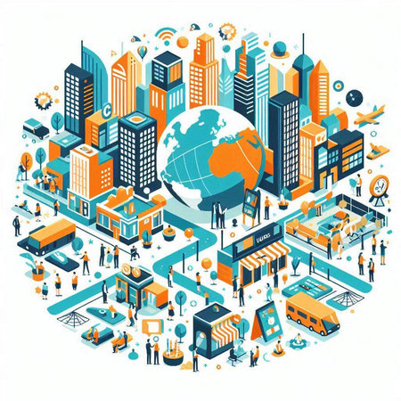 Vector isometric illustration of a city with people around the world.のイラスト素材
