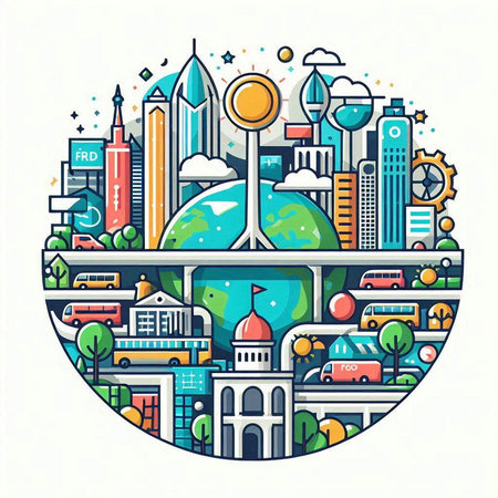Eco city concept. Vector illustration in thin line style on white backgroundのイラスト素材