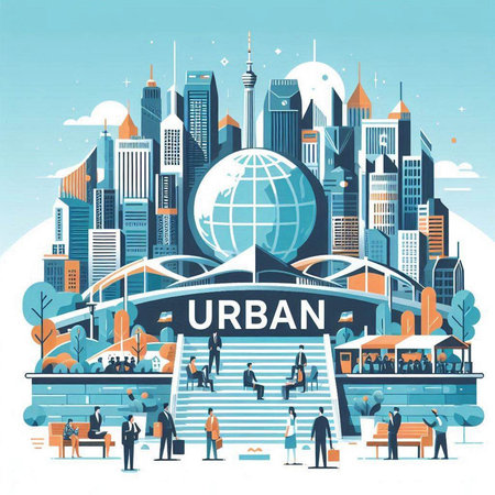 Urban landscape with modern buildings and people. Flat style vector illustration.のイラスト素材