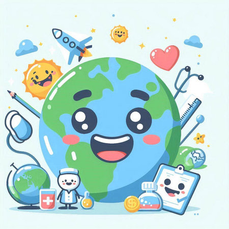 Vector illustration of happy earth character. Flat design style. Earth day concept.のイラスト素材