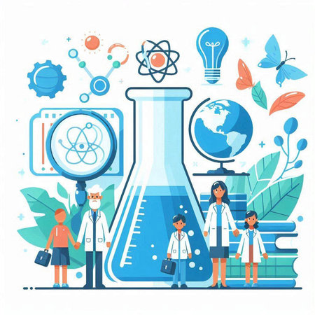 Science and education concept in flat style. Vector illustration with teacher, student, scientist, laboratory assistant, science equipment.のイラスト素材