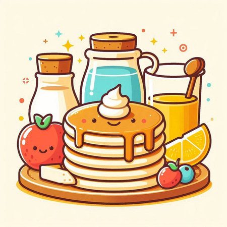 Pancakes with honey, strawberries and orange juice. Vector illustration.のイラスト素材