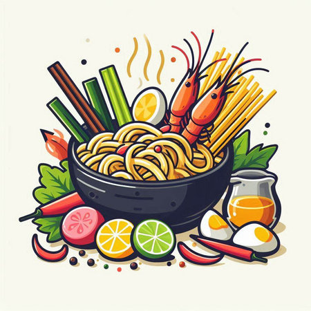 Noodles in a bowl with chopsticks and vegetables. Vector illustration.のイラスト素材