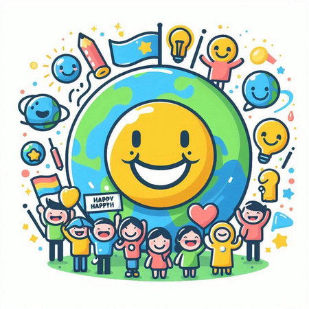 Vector illustration of happy cartoon earth globe with happy people and flags aroundのイラスト素材