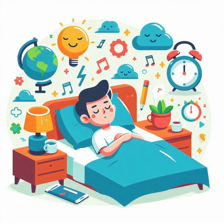 Vector illustration of a boy sleeping in bed with alarm clock and notebook.のイラスト素材