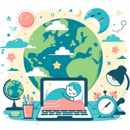 Vector illustration of a laptop with a boy sleeping on the earth.のイラスト素材