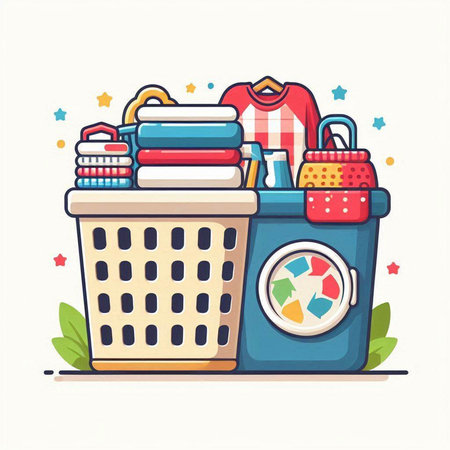 Laundry basket with clothes and detergents. Vector illustrationのイラスト素材