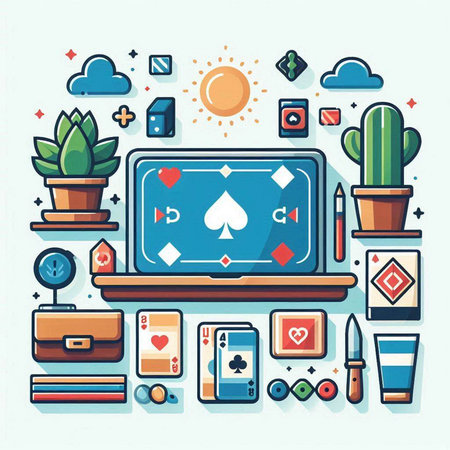 Flat line design modern vector illustration concept of online casino, poker, slot machine, roulette, poker, casino, poker, slot machine, poker, casino, online casino.のイラスト素材