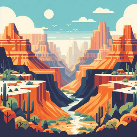 Landscape with mountains and river. Vector illustration in retro style.のイラスト素材