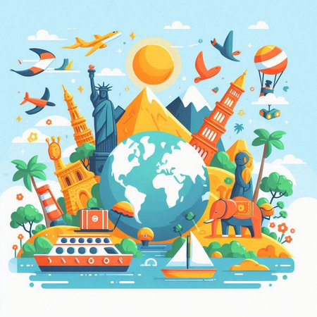 Travel around the world concept. Vector illustration in flat cartoon style.のイラスト素材