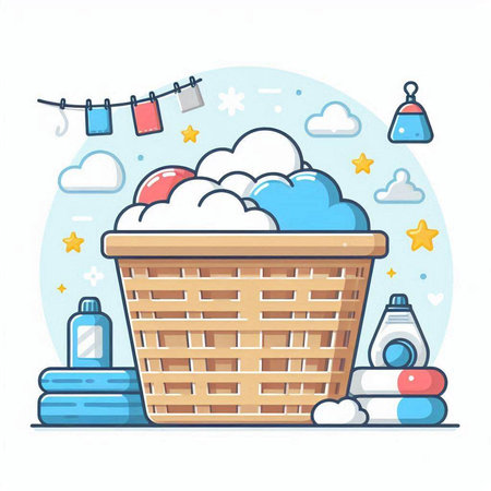 Basket with laundry and cleaning supplies. Vector illustration in flat styleのイラスト素材