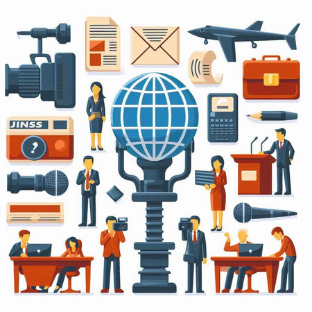 Journalism and journalism icons set with journalist, reporter, journalist, journalist, reporter, cameraman, reporter, reporter, journalist, radio host. Vector illustrationのイラスト素材