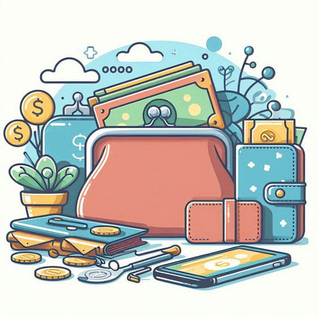 Vector illustration of a purse with money, mobile phone and wallet.のイラスト素材