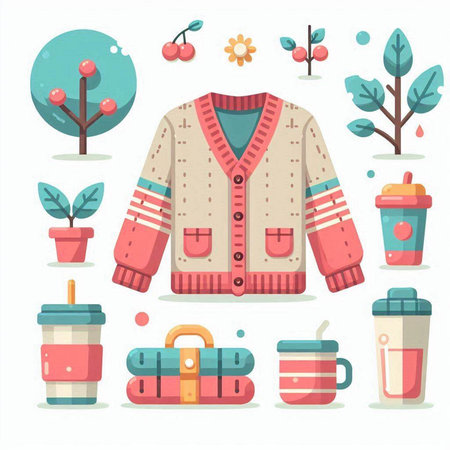 Vector set of winter clothes and accessories: sweater, backpack, cup of coffee.のイラスト素材