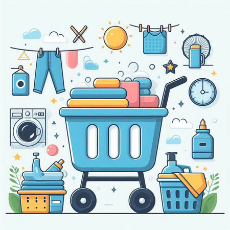 Vector illustration of a blue shopping cart full of household items. Laundry service concept.のイラスト素材