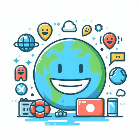 Vector illustration of happy planet with social media icons on white background.のイラスト素材