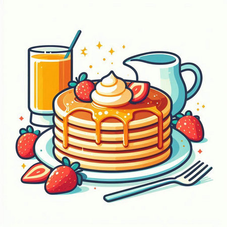 Pancakes with cream, strawberry and orange juice. Vector illustration.のイラスト素材