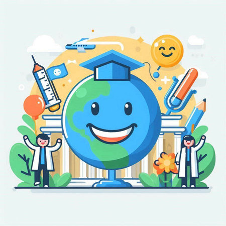 Vector illustration of happy globe character with graduation cap. Flat style design.のイラスト素材
