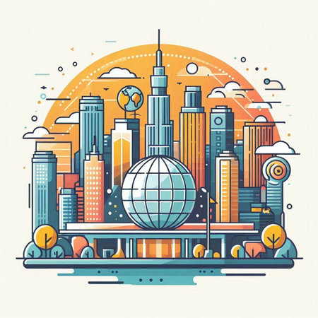 Modern flat line design of cityscape with skyscrapers. Vector illustrationのイラスト素材