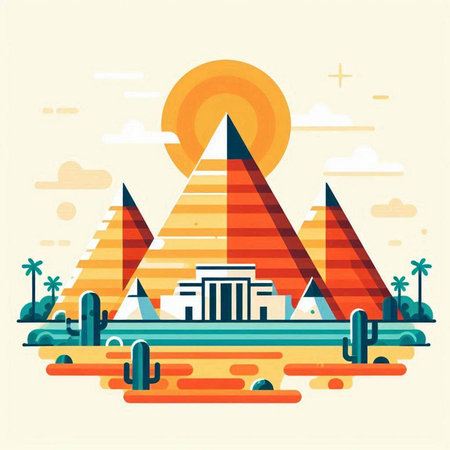 Egypt pyramids and cactuses. Vector illustration in flat styleのイラスト素材