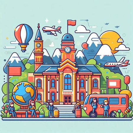 Vector line art illustration of school building in flat linear style. Travel and tourism concept.のイラスト素材