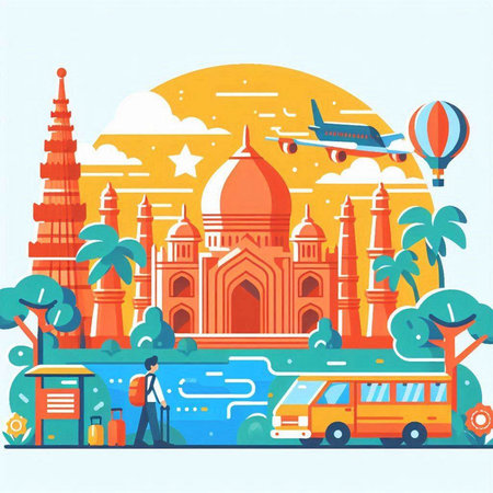 Travel to India concept. Vector illustration in flat cartoon style. Travel and tourism.のイラスト素材