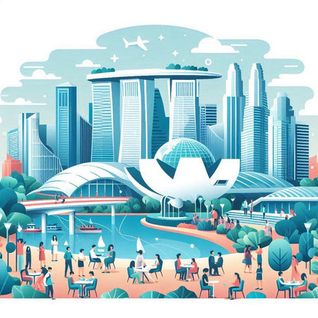 Cityscape with skyscrapers and people in the park, vector illustrationのイラスト素材