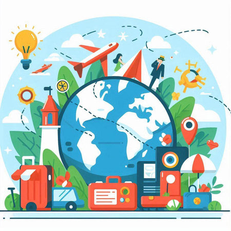Traveling around the world concept vector illustration. Flat design style.のイラスト素材