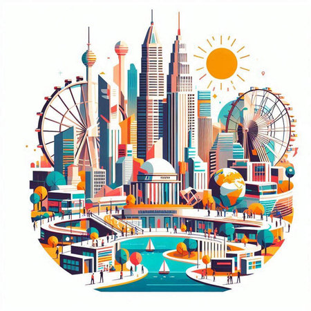 Cityscape with buildings and skyscrapers. Vector illustration in flat styleのイラスト素材
