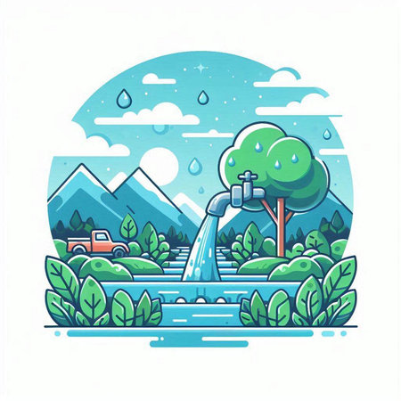 Waterfall in the forest. Vector illustration in flat design style.のイラスト素材